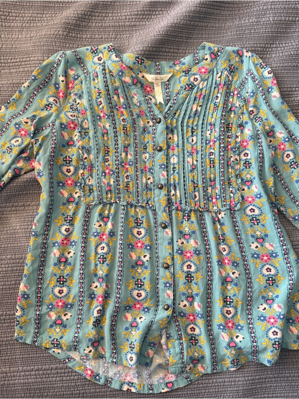 Matilda Jane Aqua Floral Pintuck Button-Up Tunic Top